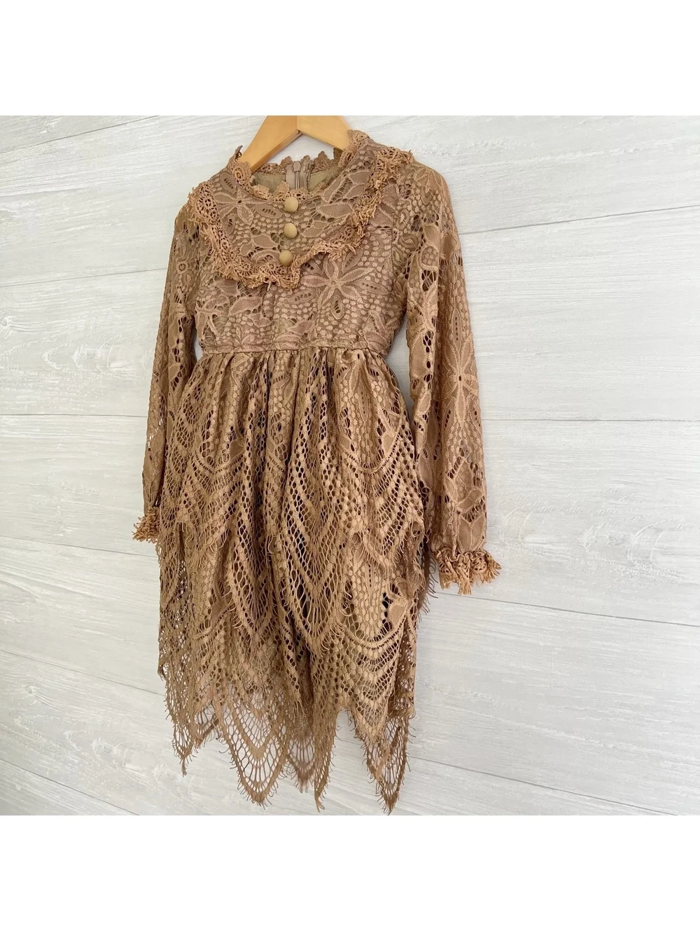 Trish Scully Child Girls Tan Crochet Lace Boho Hi-Low Dress Size 4